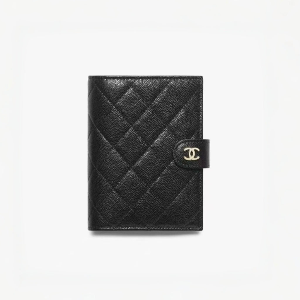 CHANEL Caviar Quilted Passport Holder Black Women's Black Checkered Square Wallet with Gold and Silver Buckles #82319A