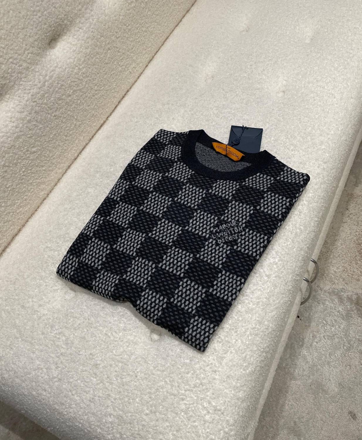 Louis Vuitton Men's Spring and Autumn Black Checkerboard Print Logo Pattern Round Neck Long Sleeve Sweater #73789