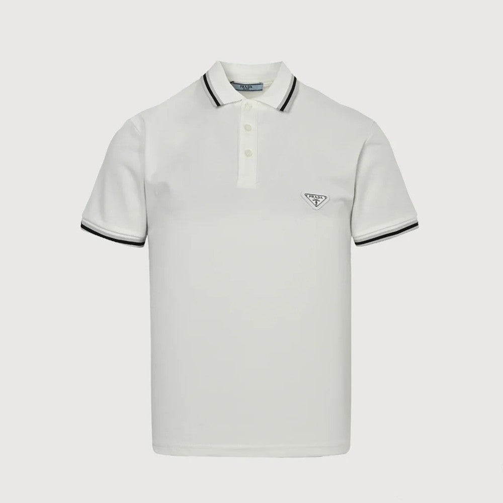 Prada Men's Summer Logo Colorblocked Lapel Cotton Short Sleeve Straight Polo Shirt #81275