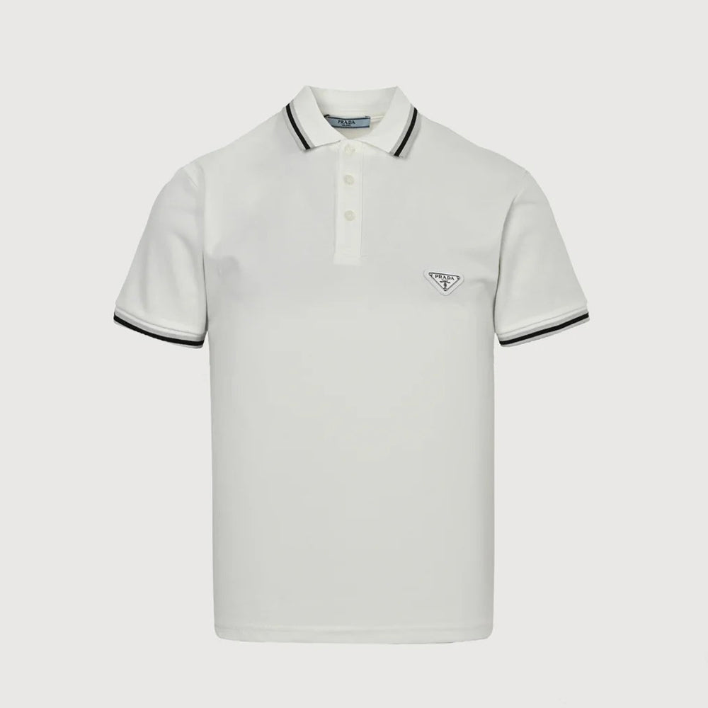 Prada Men's Summer Logo Colorblocked Lapel Cotton Short Sleeve Straight Polo Shirt #81275