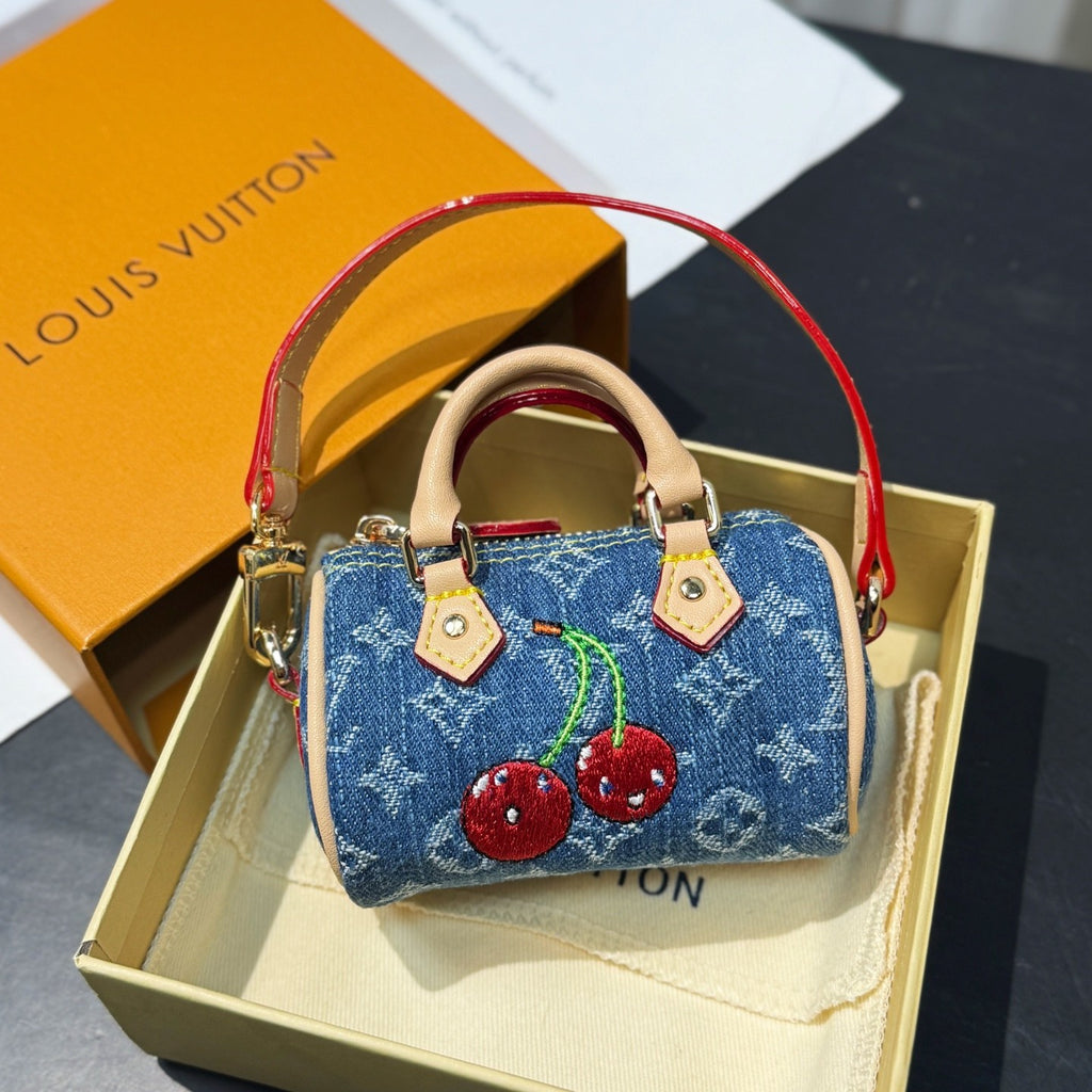 Louis Vuitton LV x TM Micro Speedy Denim Cerise Women's Blue Denim Fabric Cherry Pattern Mini Bag Bags #77583