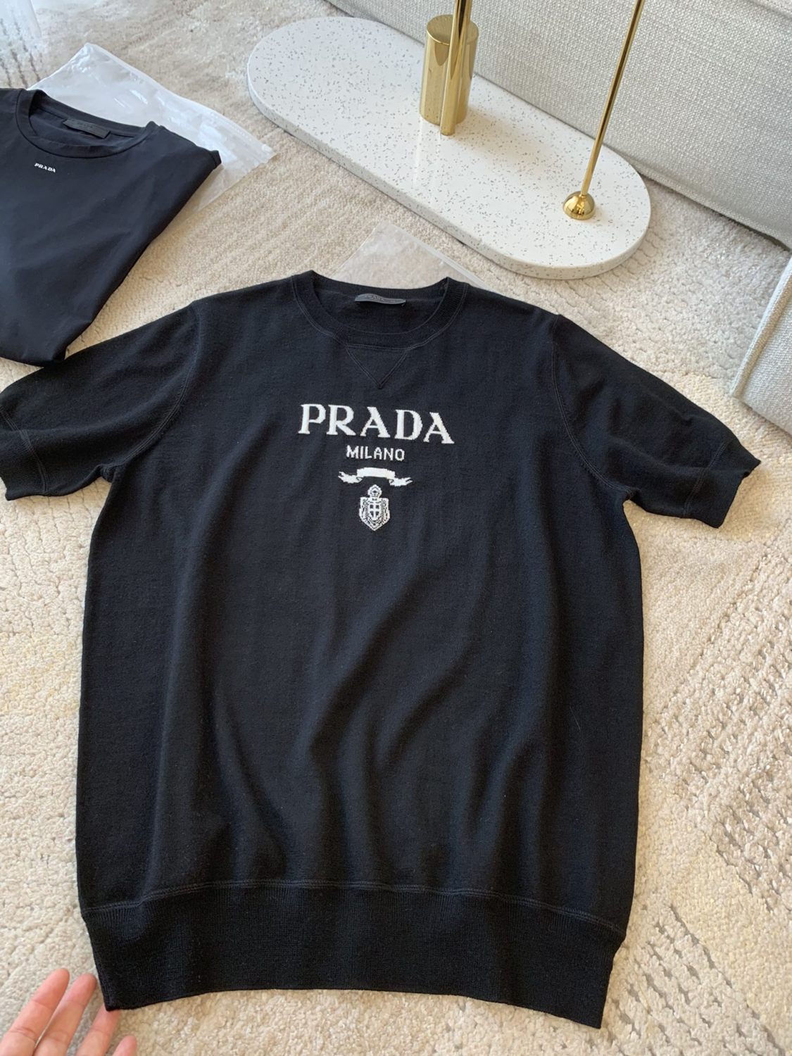 Prada Men's Summer Dark Blue Letter Print Round Neck Cotton Short Sleeve T-Shirt #99512