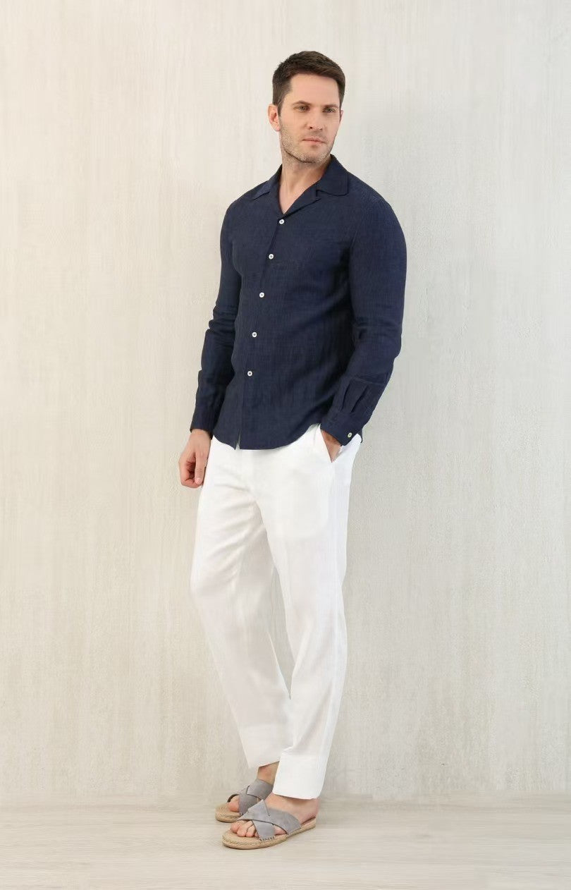Brunello Cucinelli Men's Linen Easy Fit Shirt with Camp Collar and Chest Pocket Spring And Autumn Solid Color Long Sleeve Top Ngvp #1455