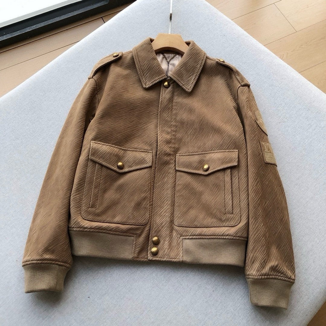 Louis Vuitton Men's Autumn and Winter Solid Color Lapel Twill Fabric Calfskin Long Sleeve Aviator Jacket #74574