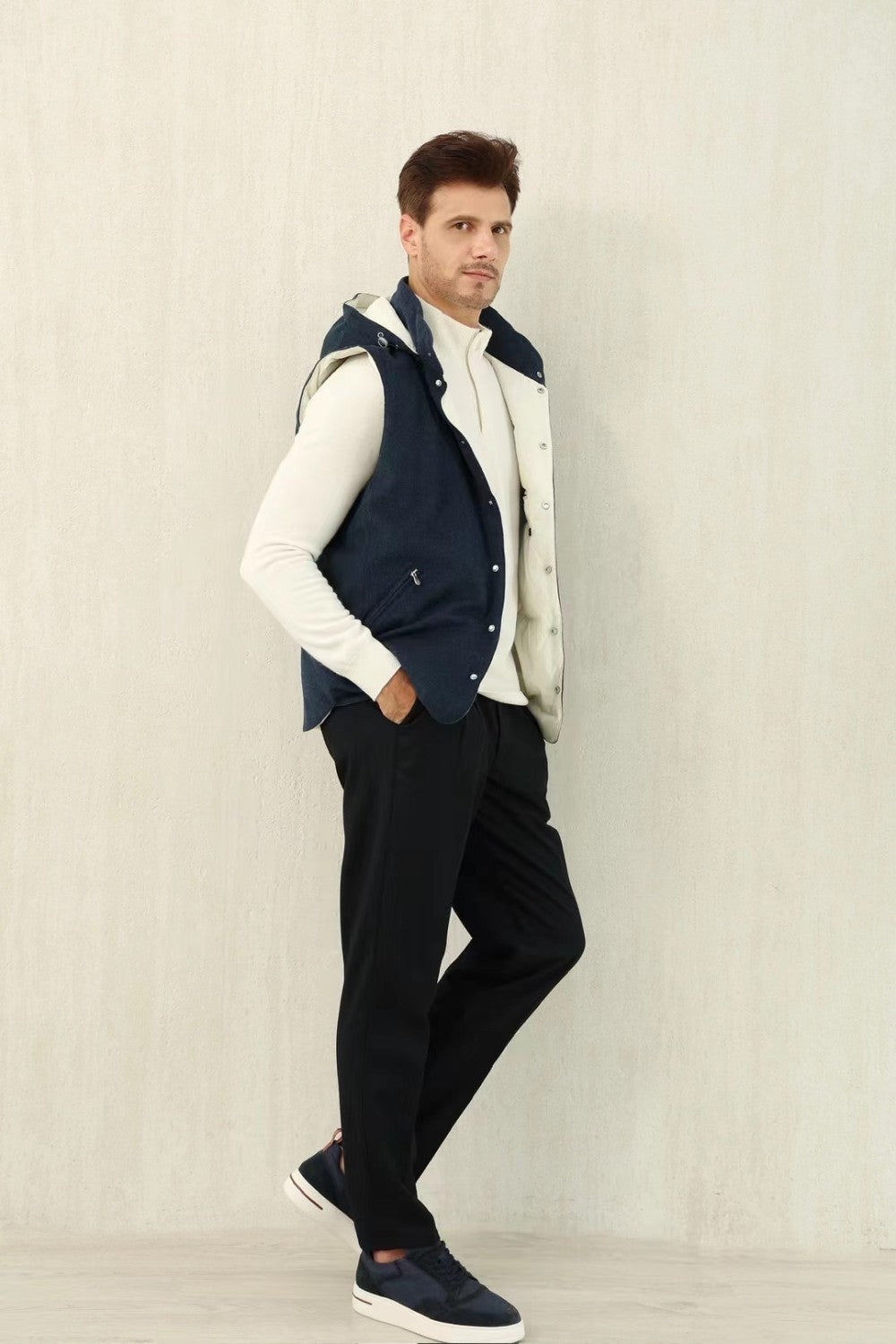 Brunello Cucinelli Men's Spring/Autumn Detachable Hooded Solid Color Single-Breasted Bonded Wool Flannel Down Vest Ngvp #2293