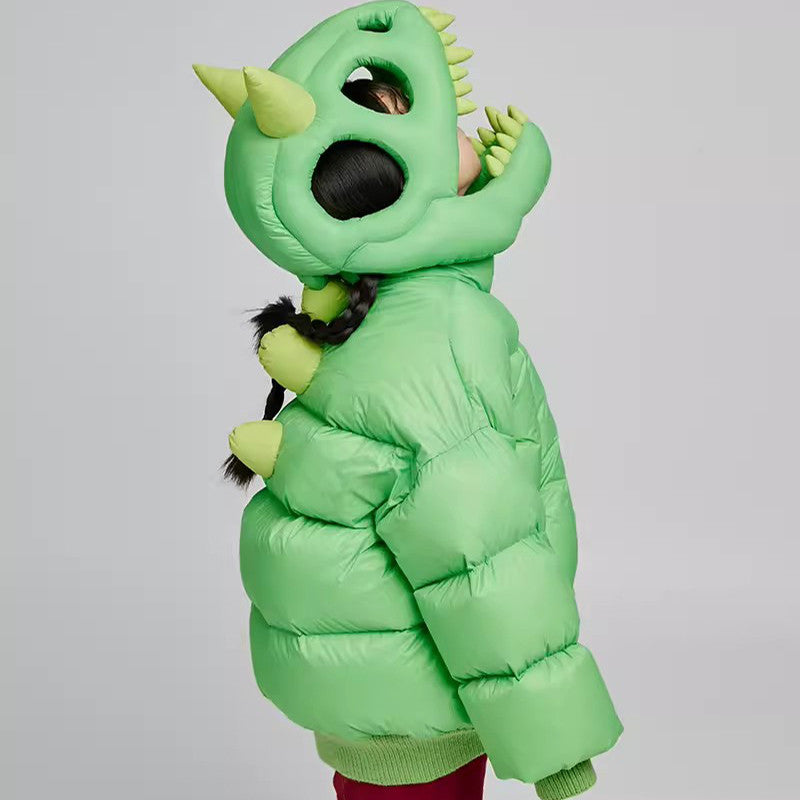 Kid's Autumn And Winter Solid Color Three-Dimensional Cutting Dinosaur Cap Hooded Loose Long-Sleeved Puffer Down Jacket #31323