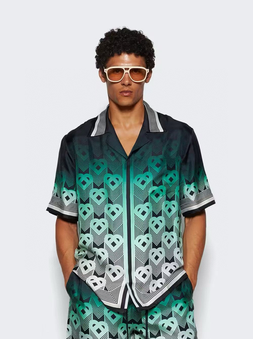 Casablanca Men's Summer Fashion Casual Heart Pattern Silk Button Down Short Sleeve Shirt with Elastic Drawstring Silk Shorts Suit Set #78592