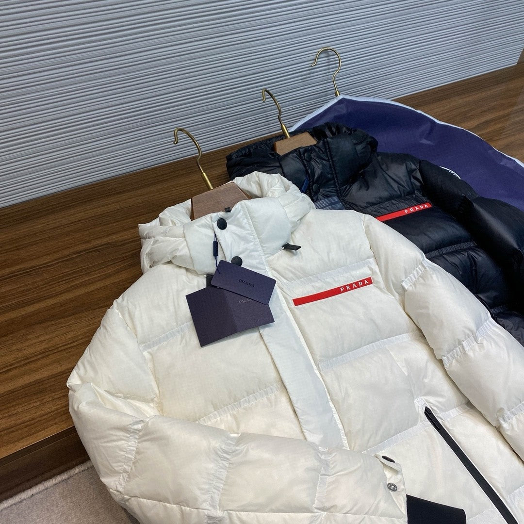 Prada Men's Autumn and Winter Solid Color Nylon Surface Waterproof Hooded Ski Zipper Long Sleeve Puffer Down Jacket #74441