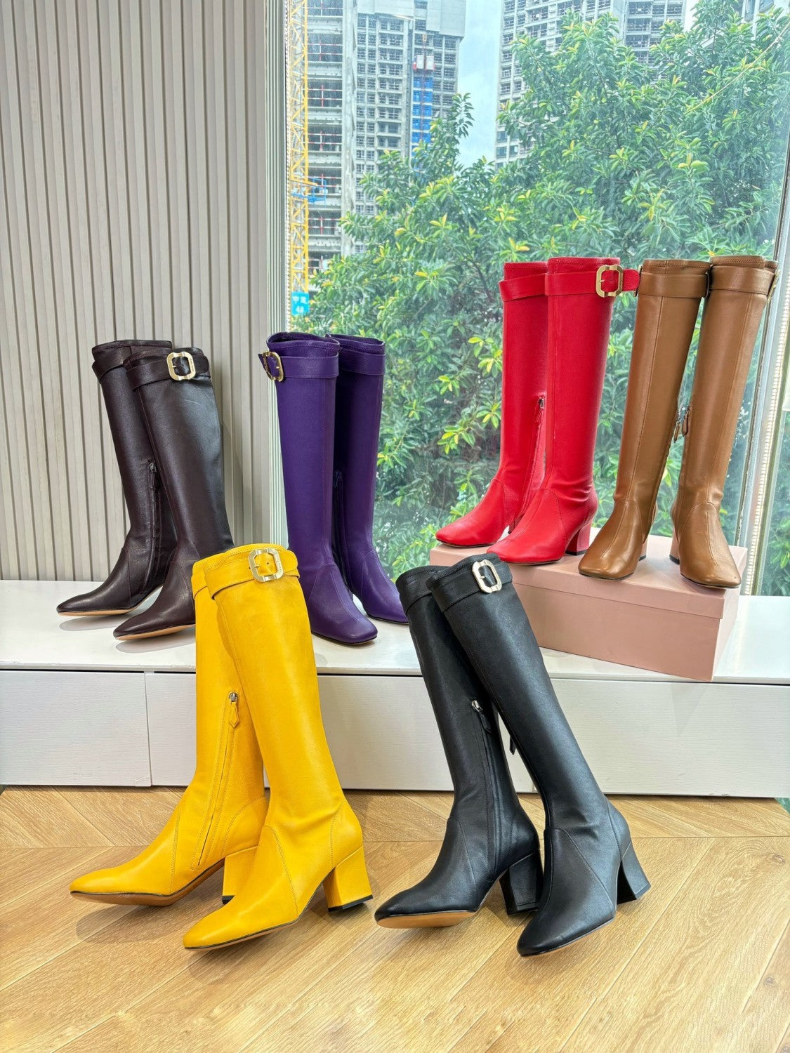 MiuMiu Women's Spring/Fall Fashion Classic Round Toe Cuffed Chunky Heel Solid Color Leather Long Boots Shoes#78718
