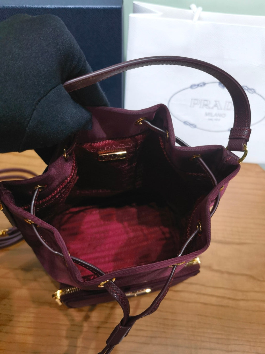 Prada Duet Recycled Nylon Bucket Bag Drawstring Closure Shoulder Bag #332667
