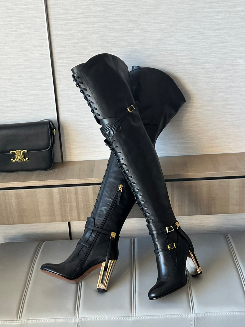 FENDI Women's Classic Solid Color Round-Toe Calfskin Over The Knee Boots For Fall/Winter Shoe #78957