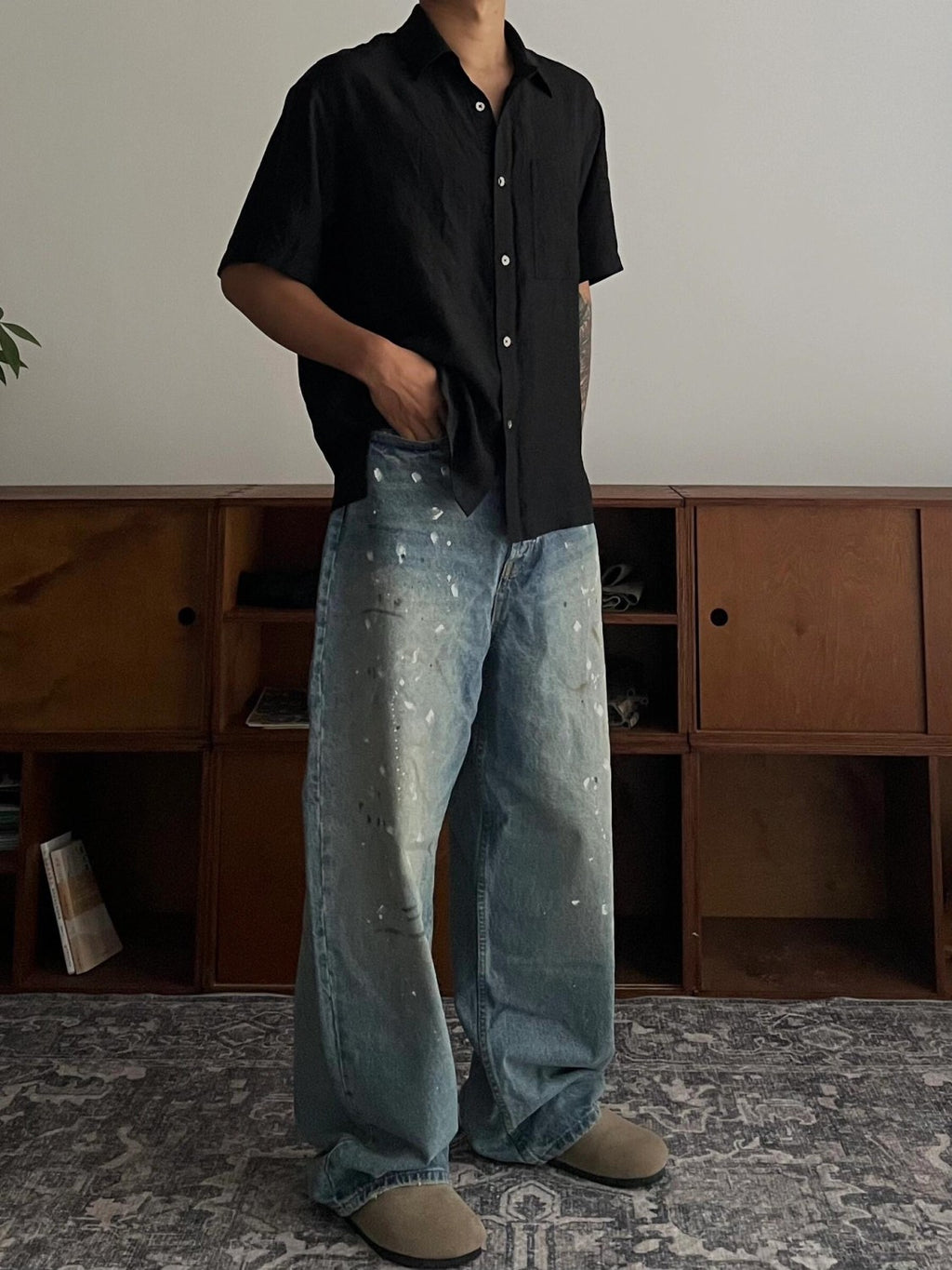 Acne Studios Men's Four Seasons Solid Color Graffiti Aged Straight Leg Loose Low Waist Wide Leg Denim Pants Ngvp #8745