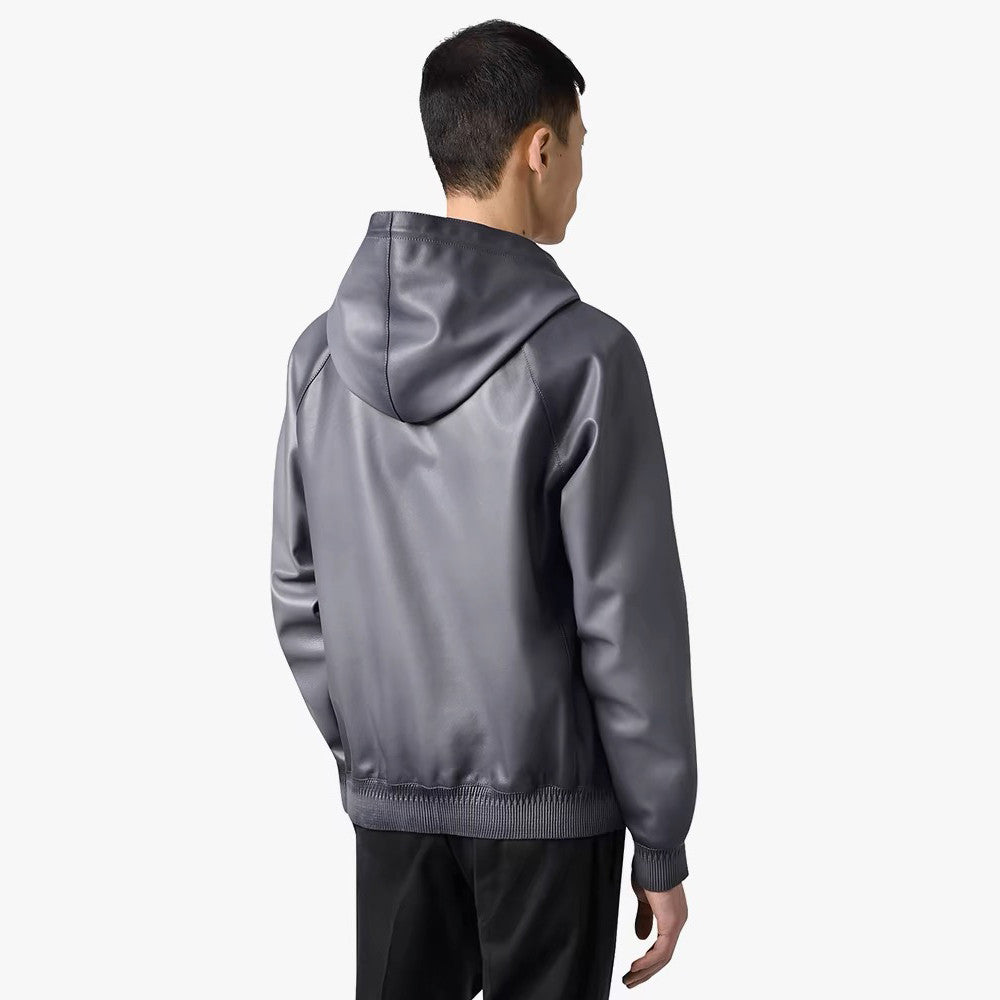 Berluti Men's Autumn And Winter Fashion Solid Color Sheepskin Zipper Long Sleeve Casual Alternative Hooded Leather Jacket Ngvp #9183