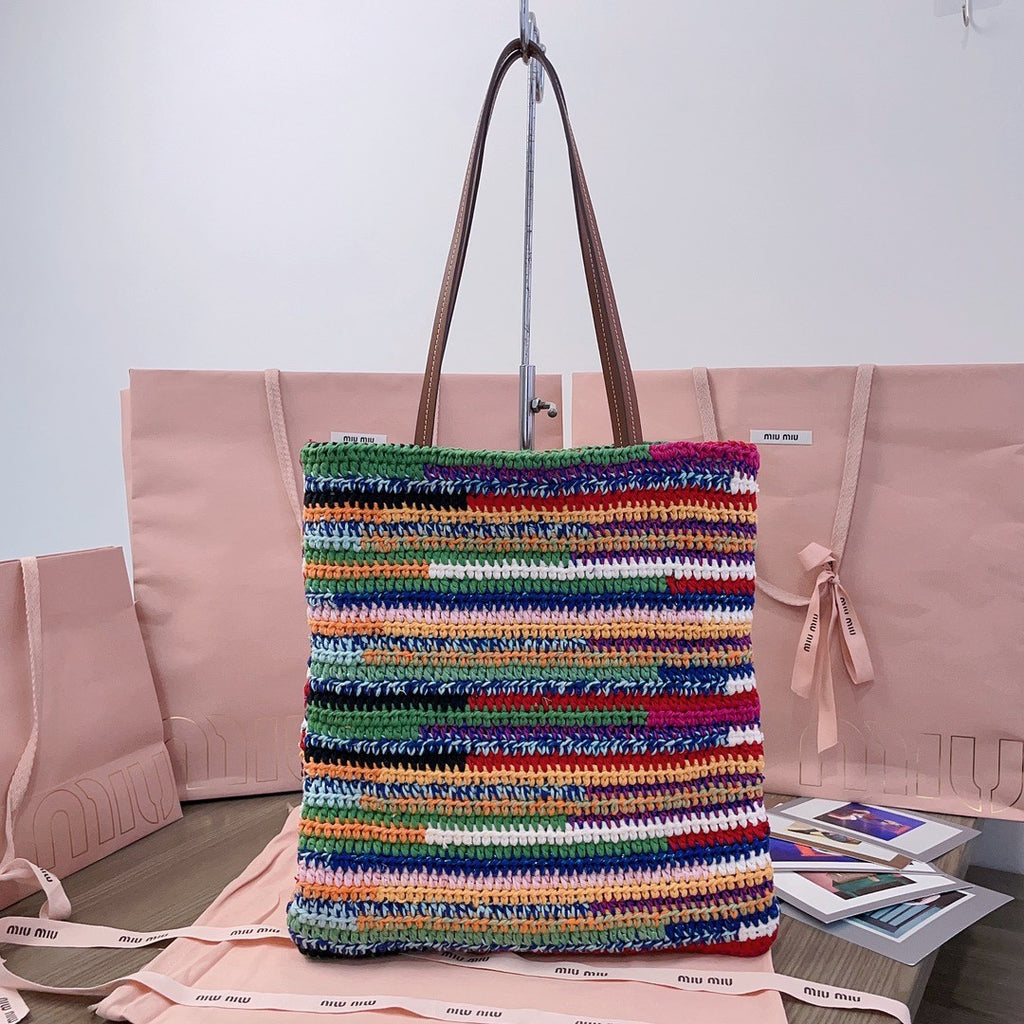 MiuMiu Women's Multicolour Embroidery Logo Crochet Shopping Bag Shoulder Handbag Tote Bags #76739