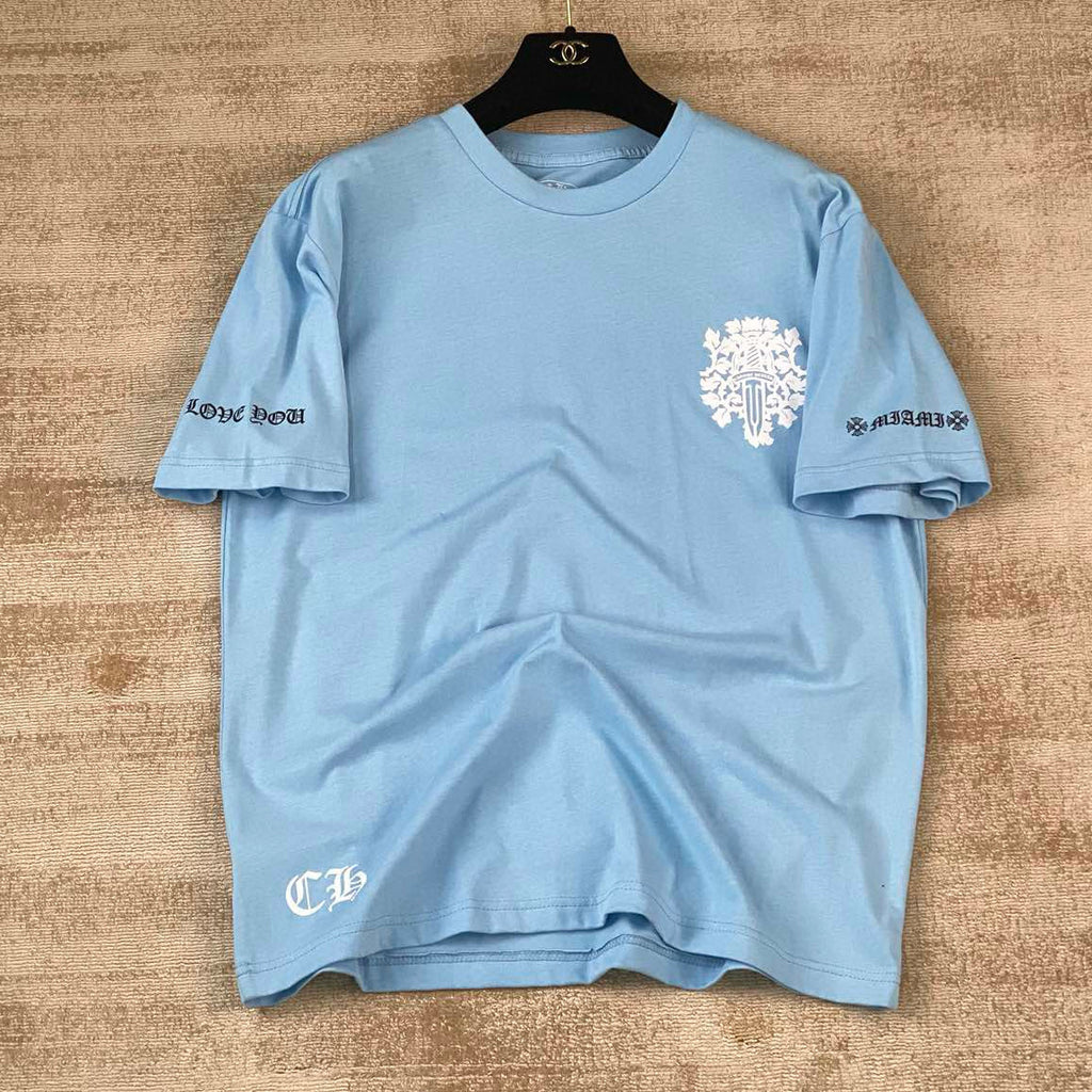 Chrome Hearts Men's and Women's Summer Blue Cotton Round Neck Loose Fit Short Sleeve T-shirt #98569