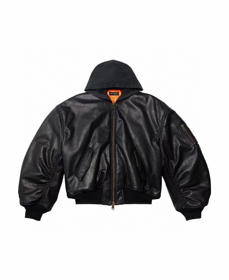 Balenciaga Leather Zip Hooded Jacket #96135