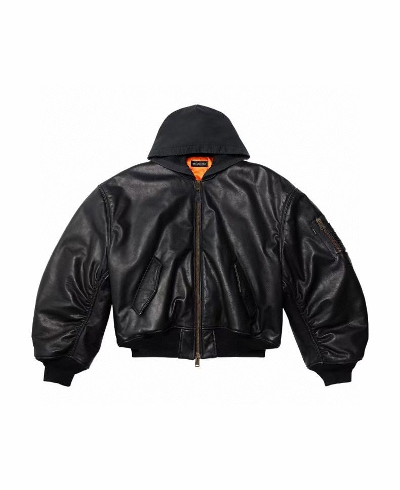 Balenciaga Leather Zip Hooded Jacket #96135