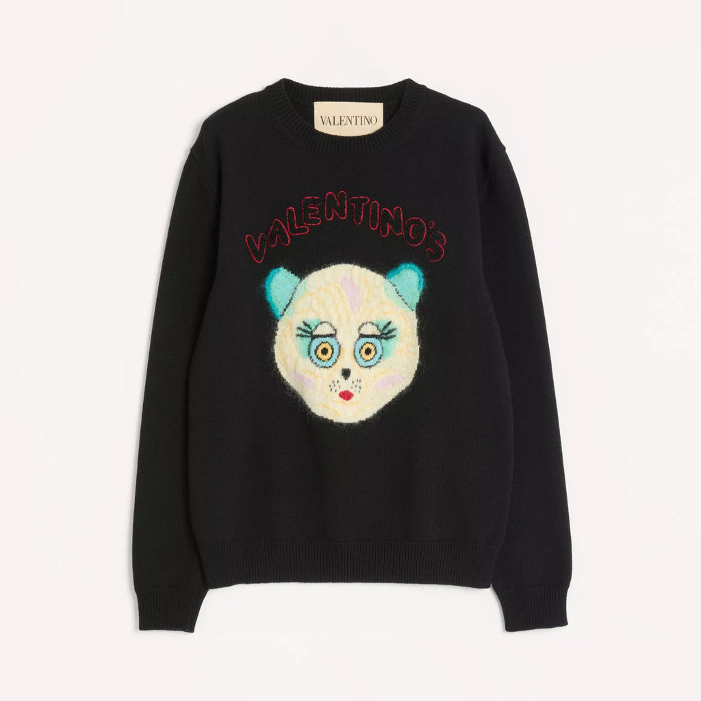 Valentino Men's Le Chat De La Maison Wool Logo Cat Embroidered Solid Color Crew Neck Long Sleeve Knit Sweater #81754