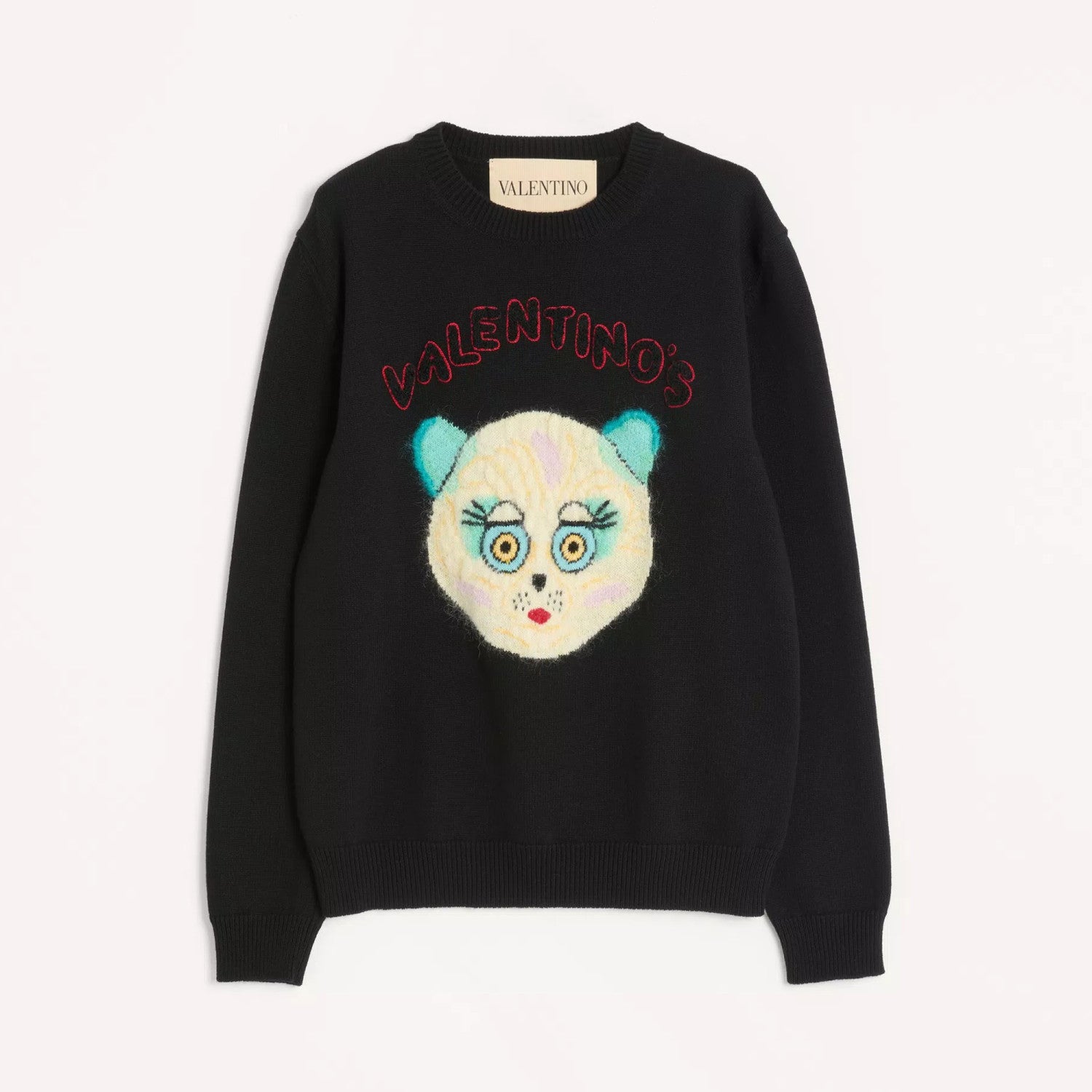 Valentino Men's Le Chat De La Maison Wool Logo Cat Embroidered Solid Color Crew Neck Long Sleeve Knit Sweater #81754
