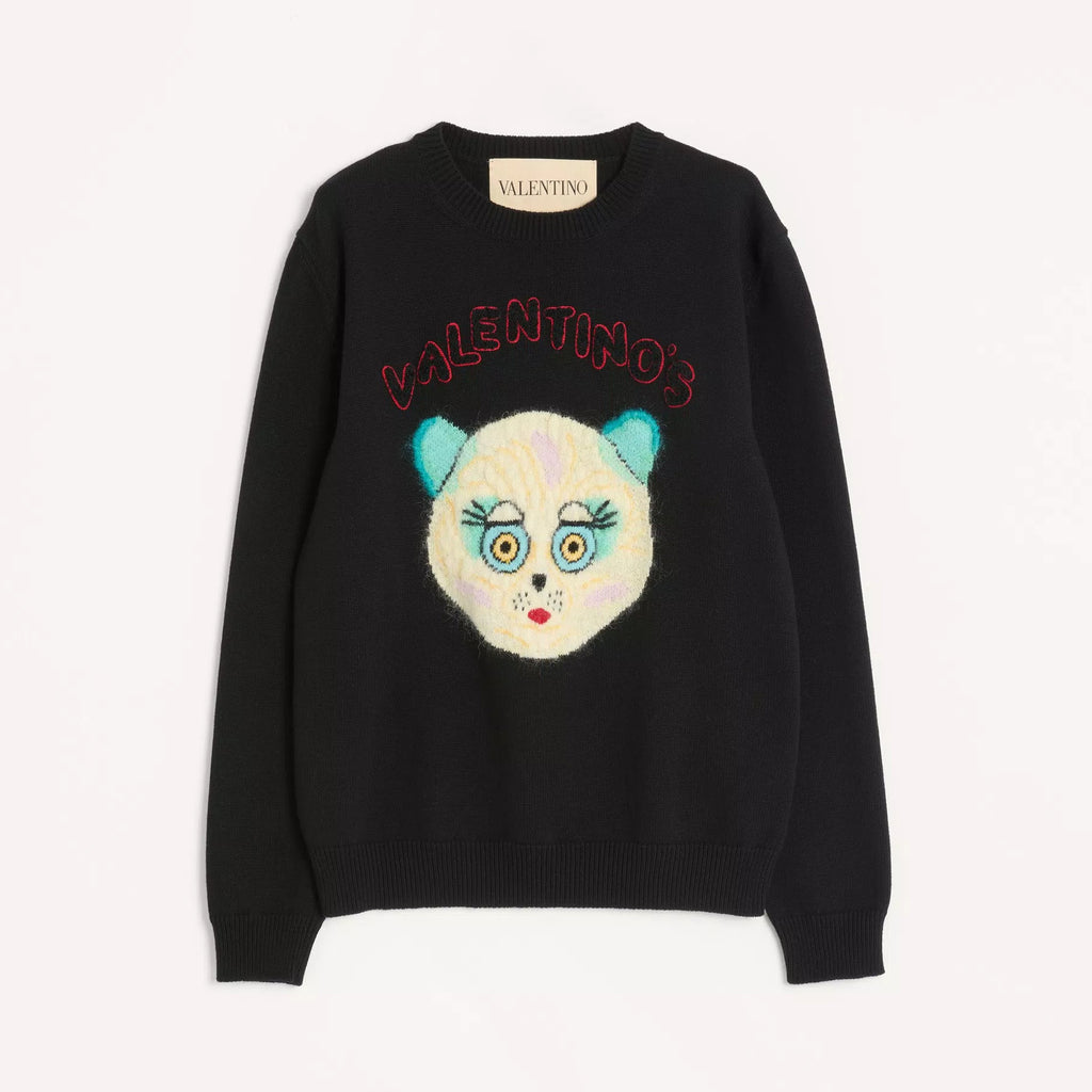 Valentino Men's Le Chat De La Maison Wool Logo Cat Embroidered Solid Color Crew Neck Long Sleeve Knit Sweater #81754