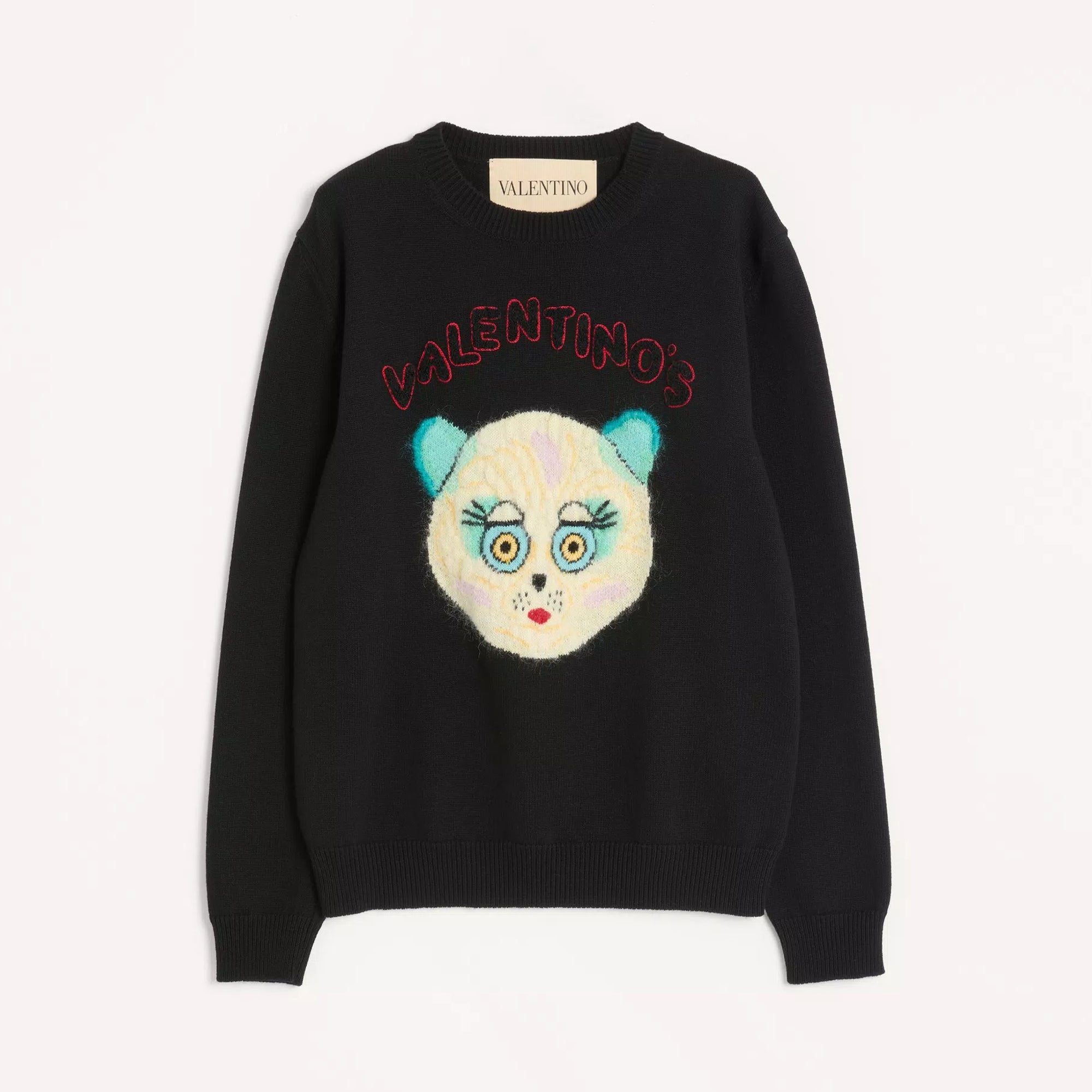 Valentino Men's Le Chat De La Maison Wool Logo Cat Embroidered Solid Color Crew Neck Long Sleeve Knit Sweater #81754