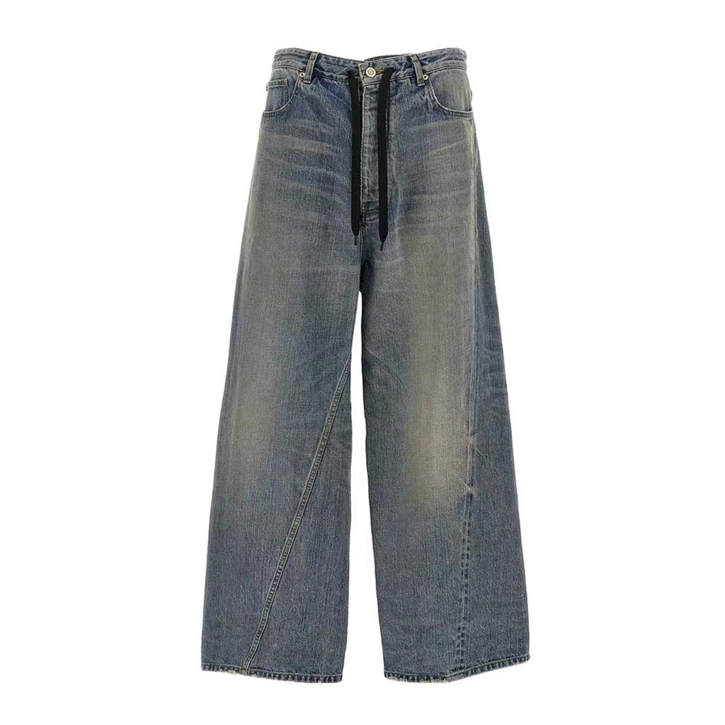 Balenciaga Men's And Women's Seasonal Lace Up Waistband Vintage Broken High Street Gradient Straight Leg Jeans Pants Ngvp #8765