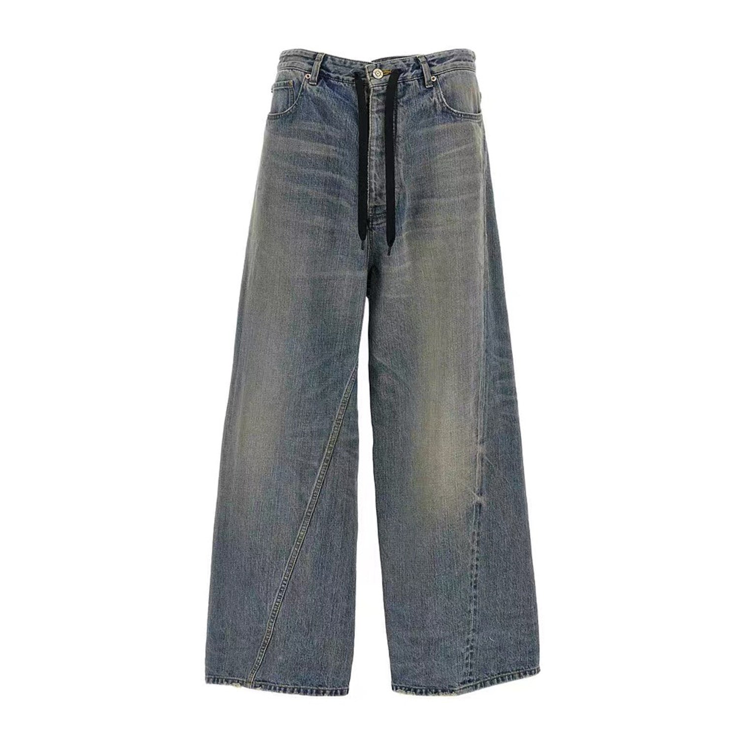 Balenciaga Men's And Women's Seasonal Lace Up Waistband Vintage Broken High Street Gradient Straight Leg Jeans Pants Ngvp #8765