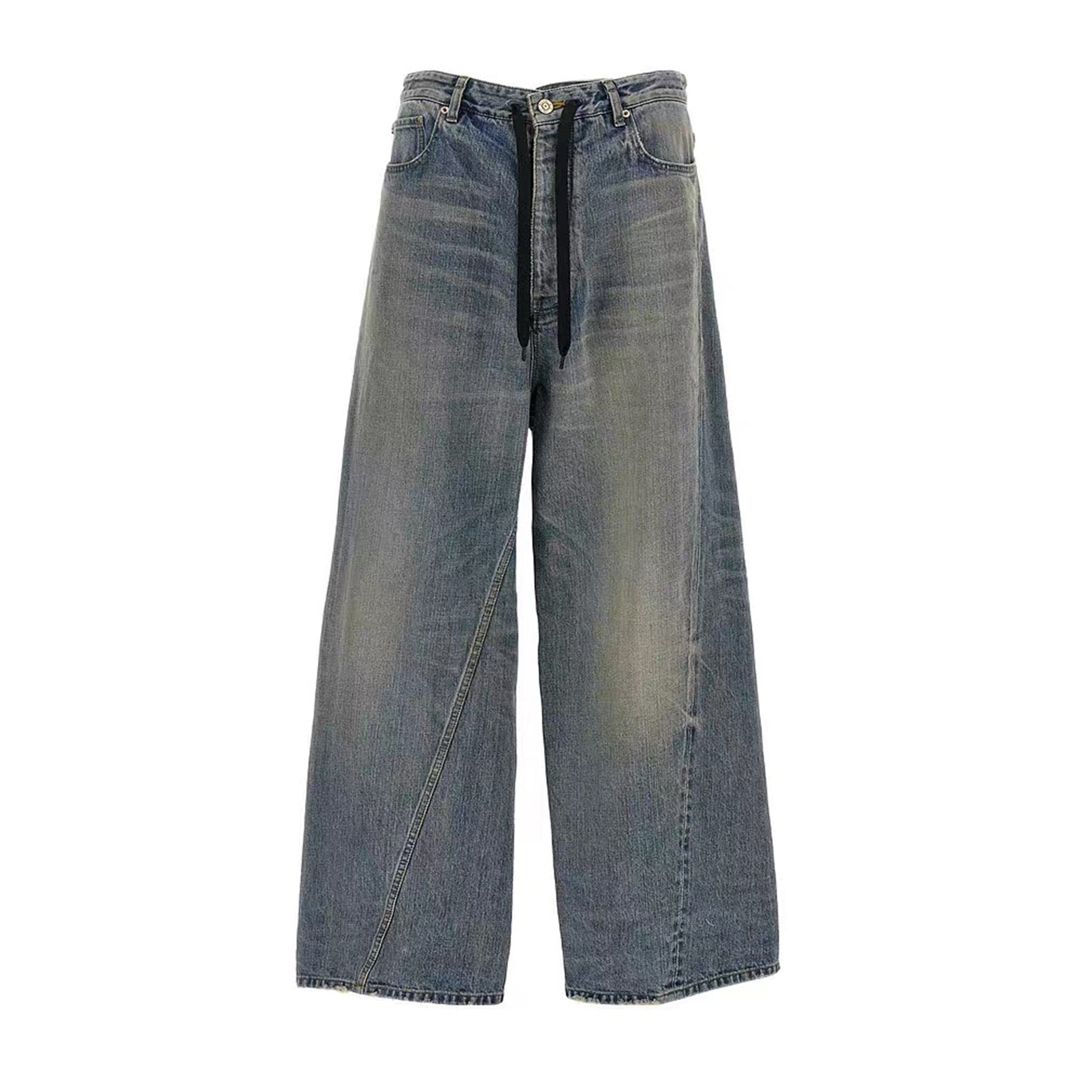 Balenciaga Men's And Women's Seasonal Lace Up Waistband Vintage Broken High Street Gradient Straight Leg Jeans Pants Ngvp #8765