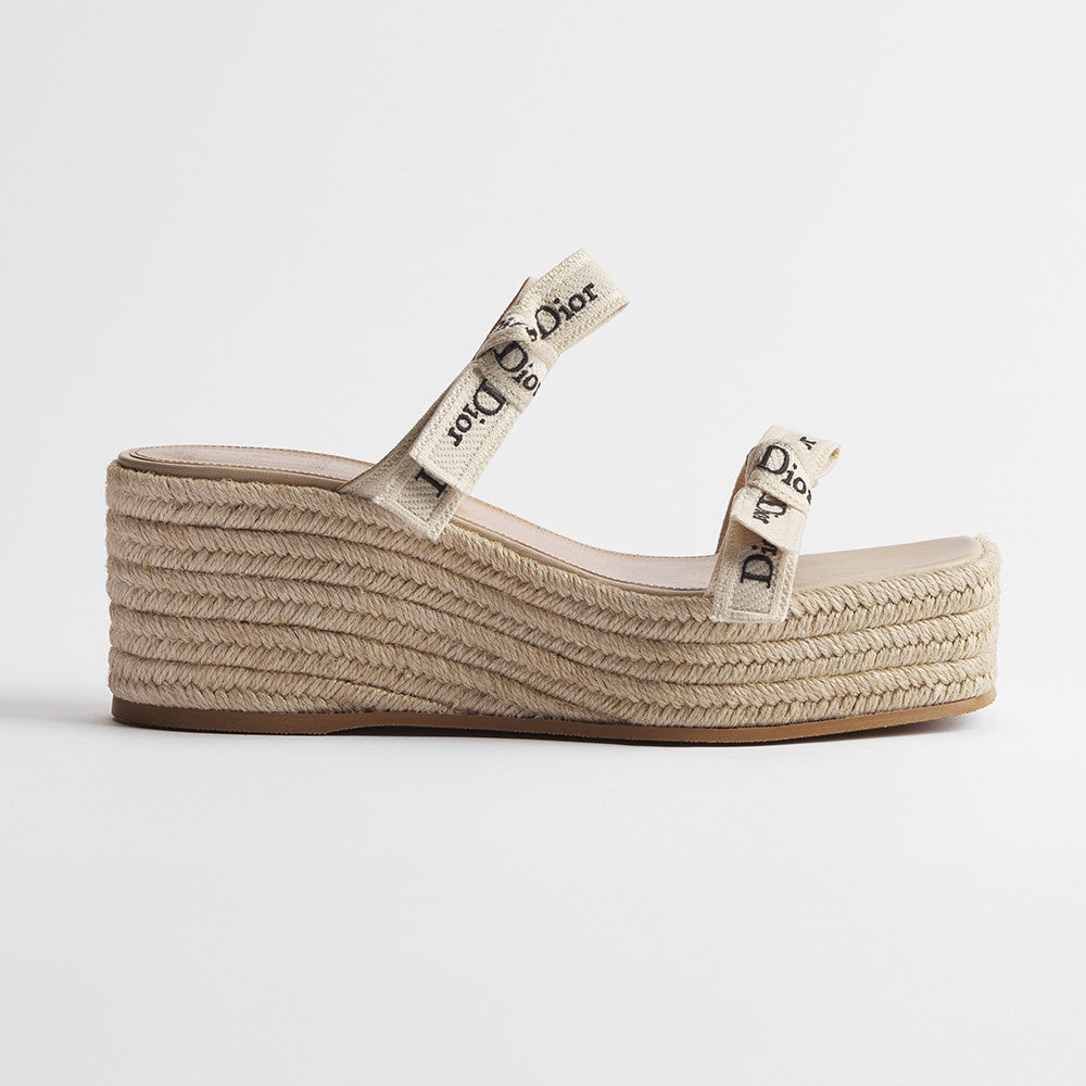 DIOR J Adior Wedge Slide with Straps White Embroidered Cotton and Natural Raffia #386876