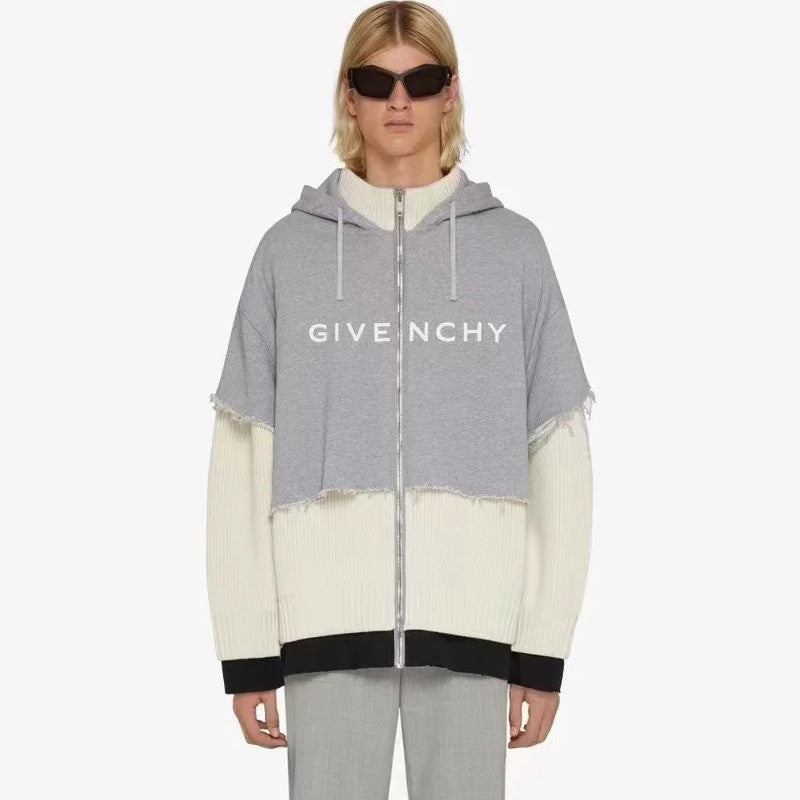 Givenchy Men's Patchwork Fake Two Piece Straight Long Sleeve Hooded Sweatshirt Zipper Jacket #97324