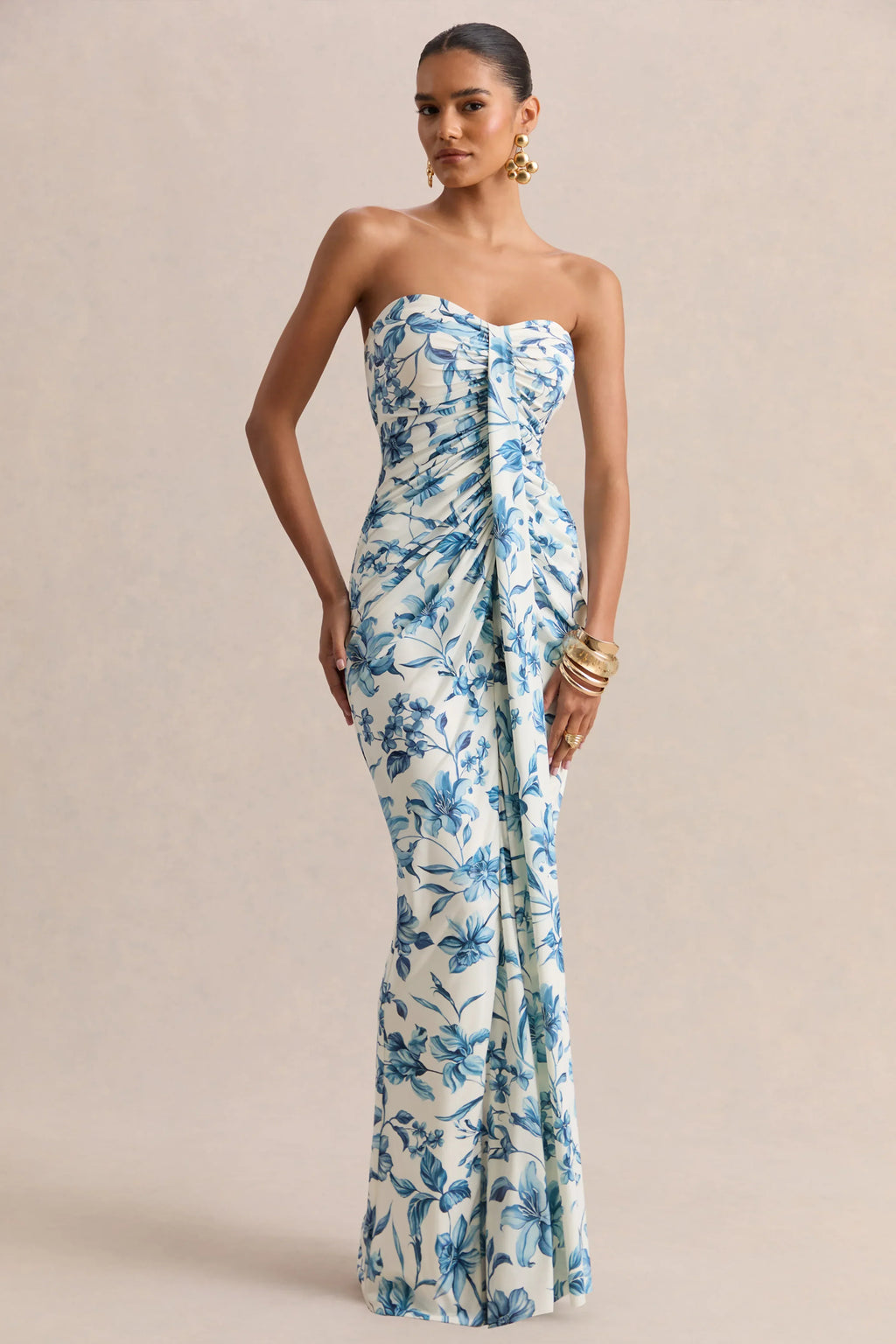 Ali | Blue Porcelain Print Sweetheart Ruched Wrap Maxi Dress