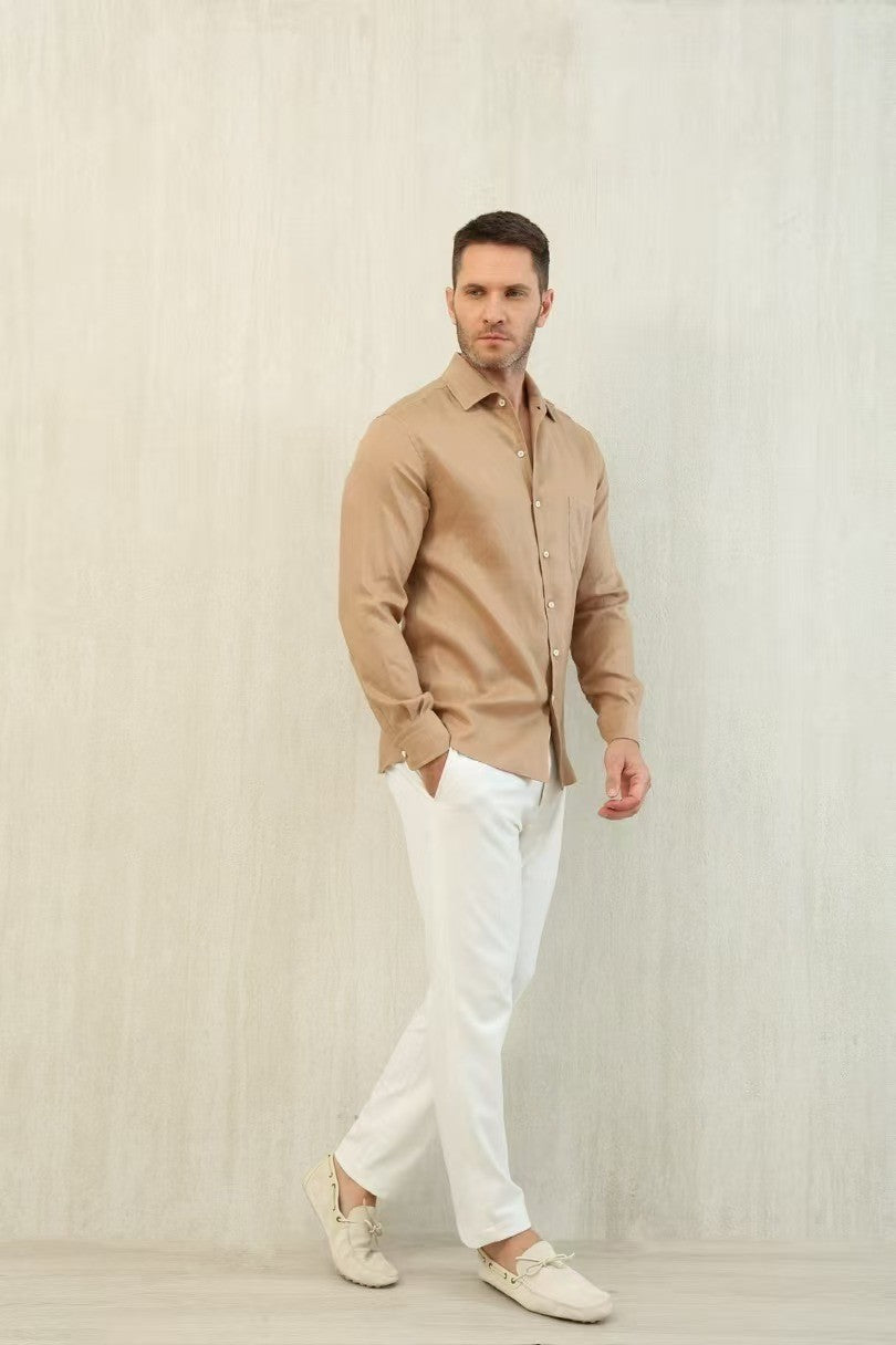 Loro Piana Men's Spring And Summer Solid Color André Shirt Lapel Single-breasted Linen Shirt Ngvp #7962