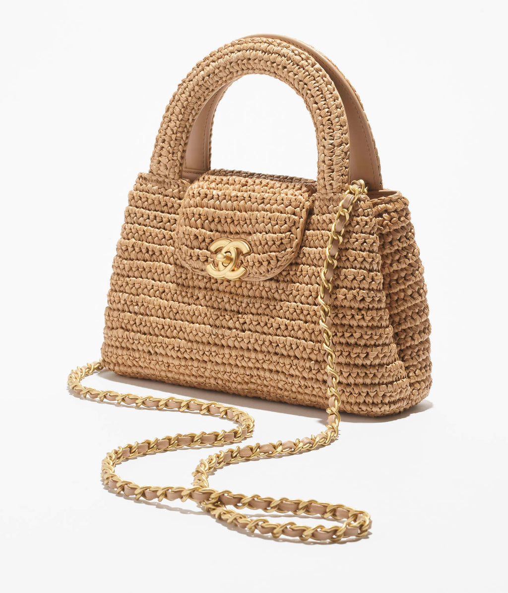 Chanel Mini Shopping Bag Braided Raffia Gold Tone Metal Dark Beige #335258