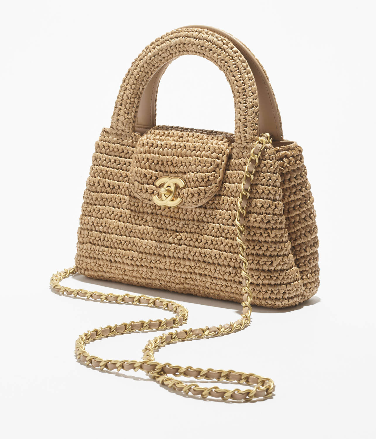 Chanel Mini Shopping Bag Braided Raffia Gold Tone Metal Dark Beige #335258