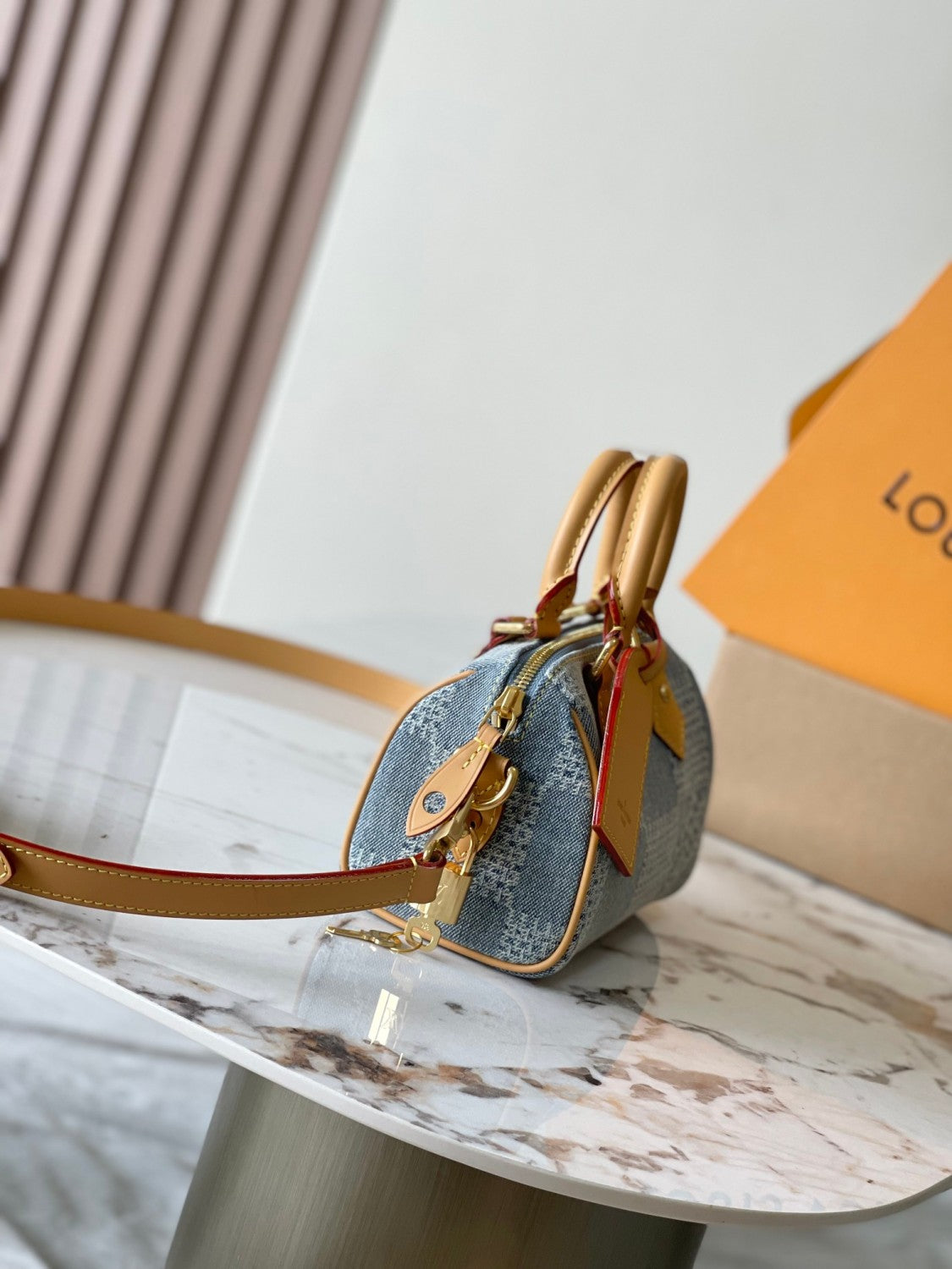Louis Vuitton Speedy 18 Bandoulière Men's and Women's Checkerboard Printed Denim Patchwork Leather Single Shoulder Crossbody Tote Bag Bags #76848