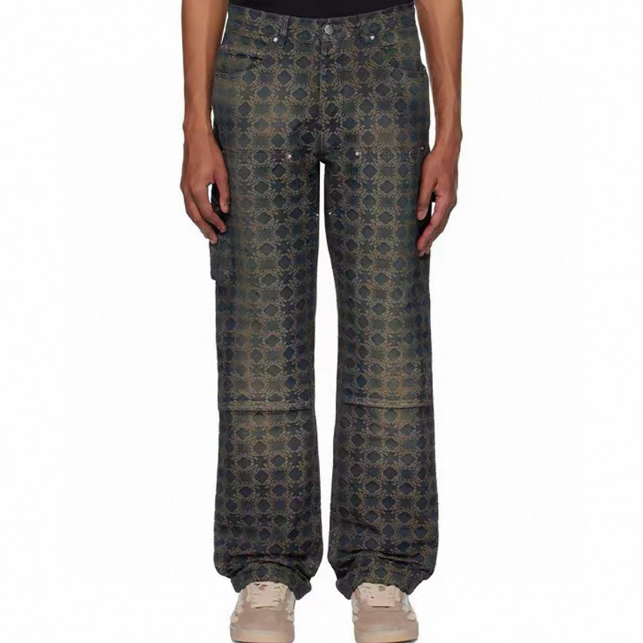 Amiri Men's All-Over Jacquard Denim Pants Four-Season Patchwork Solid-Color Cotton Straight-Leg Trousers Ngvp #2575