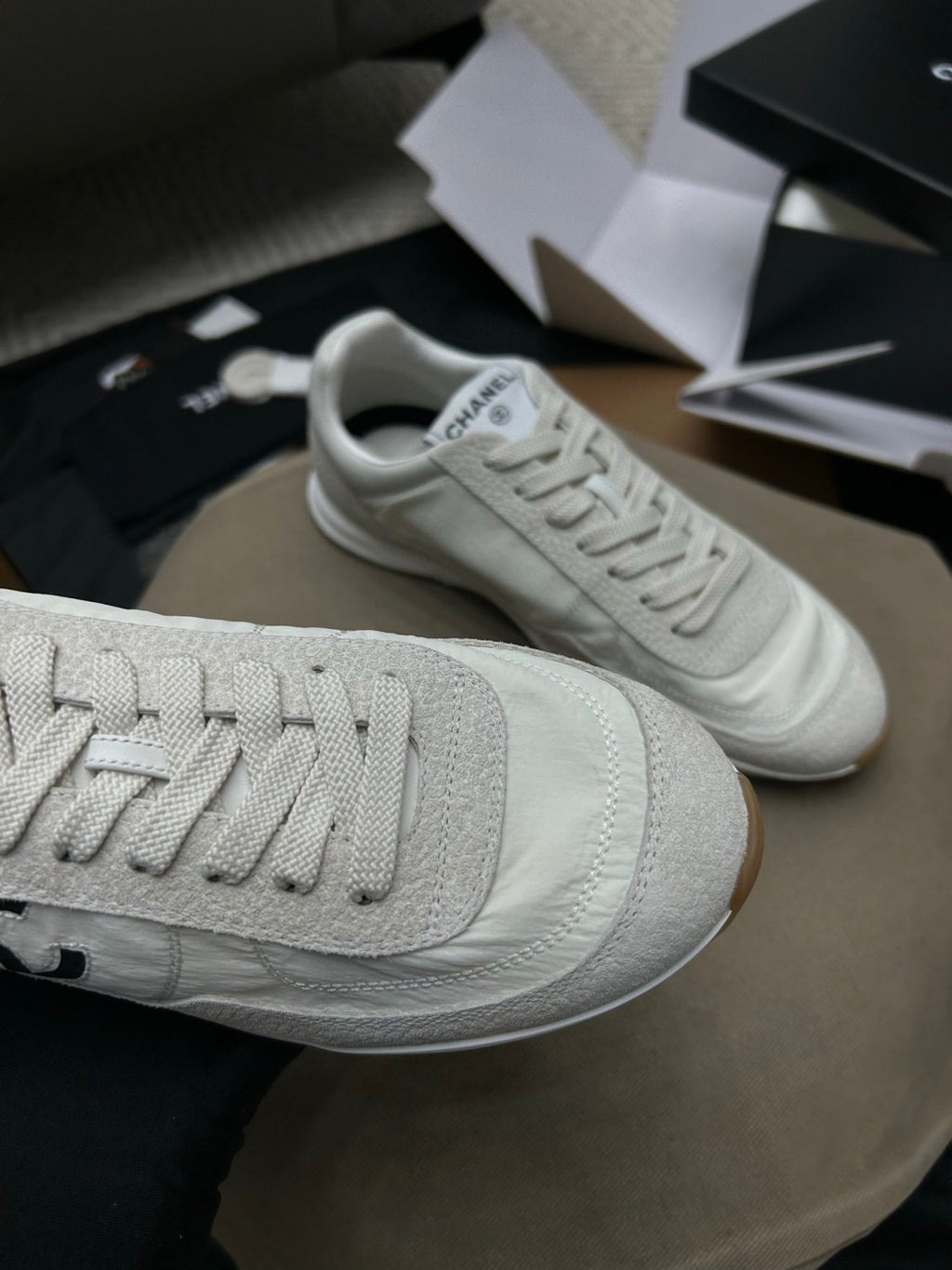 Chanel Sneakers Fabric Embossed Suede Calfskin White Black #379143