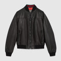 Gucci Men's Spring And Autumn Black Embossed Logo Printed Zipper Leather Baseball Jersey Long Sleeve Jacket #72616