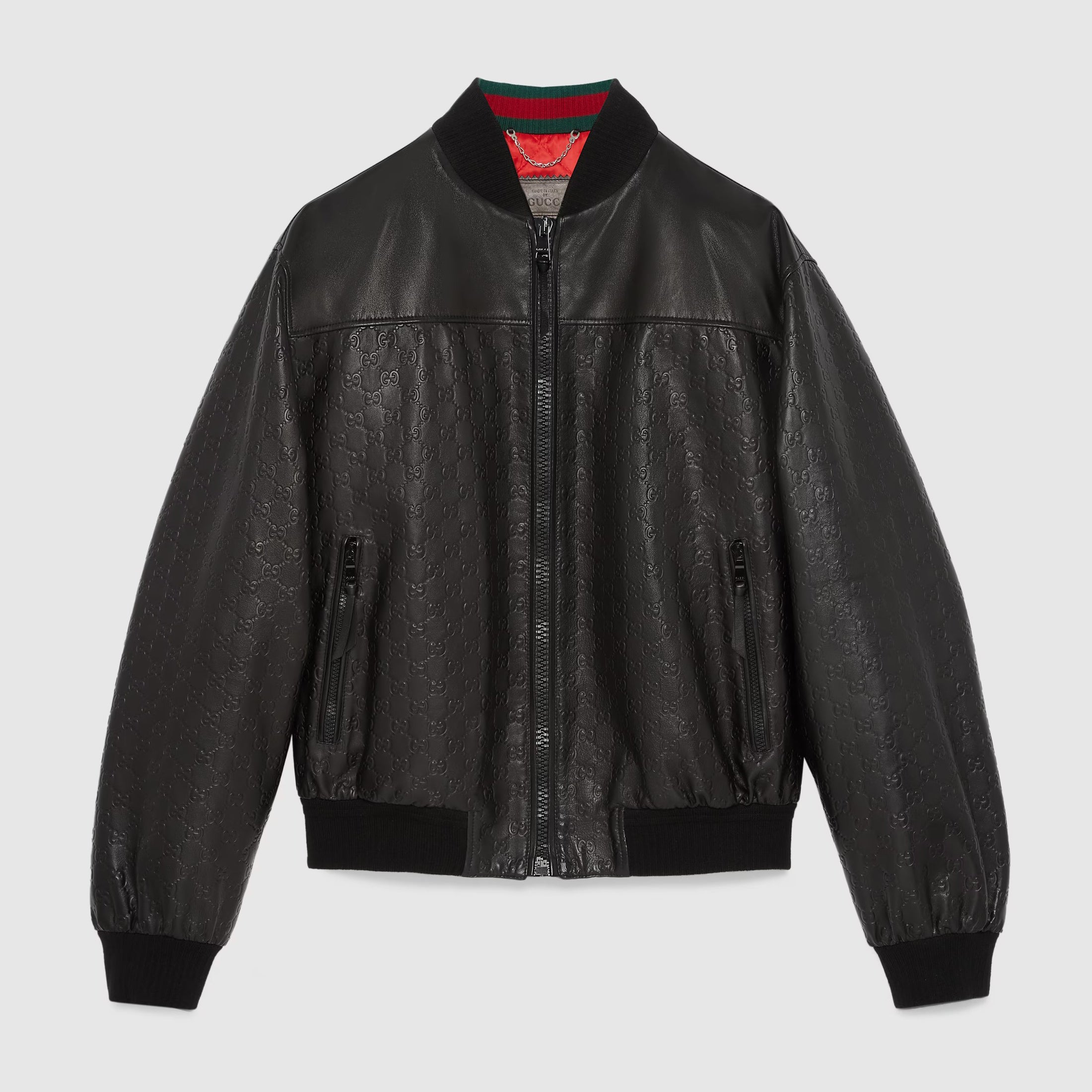 Gucci Men's Spring And Autumn Black Embossed Logo Printed Zipper Leather Baseball Jersey Long Sleeve Jacket #72616