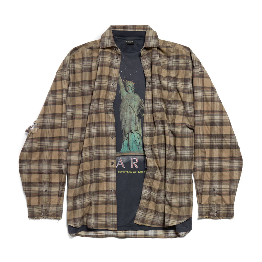 Balenciaga Men's Spring And Autumn Checkered Lapel Aged Cotton PARIS LIBERTY Loose Long Sleeve Solid Layered Shirt #73368