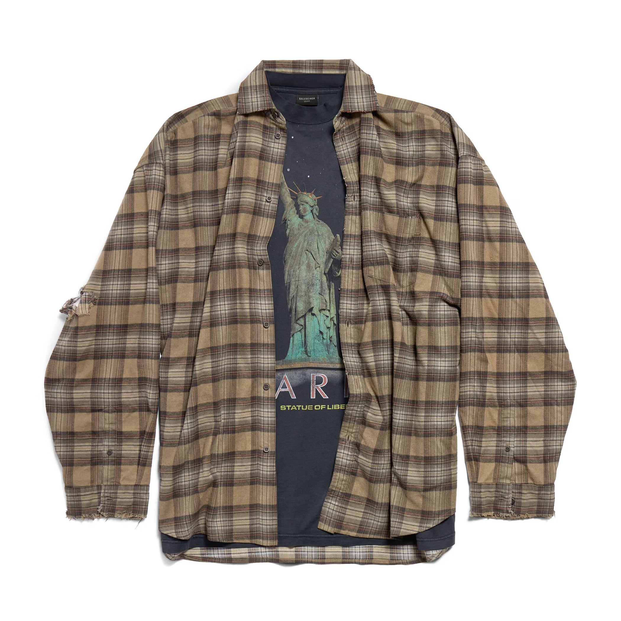 Balenciaga Men's Spring And Autumn Checkered Lapel Aged Cotton PARIS LIBERTY Loose Long Sleeve Solid Layered Shirt #73368