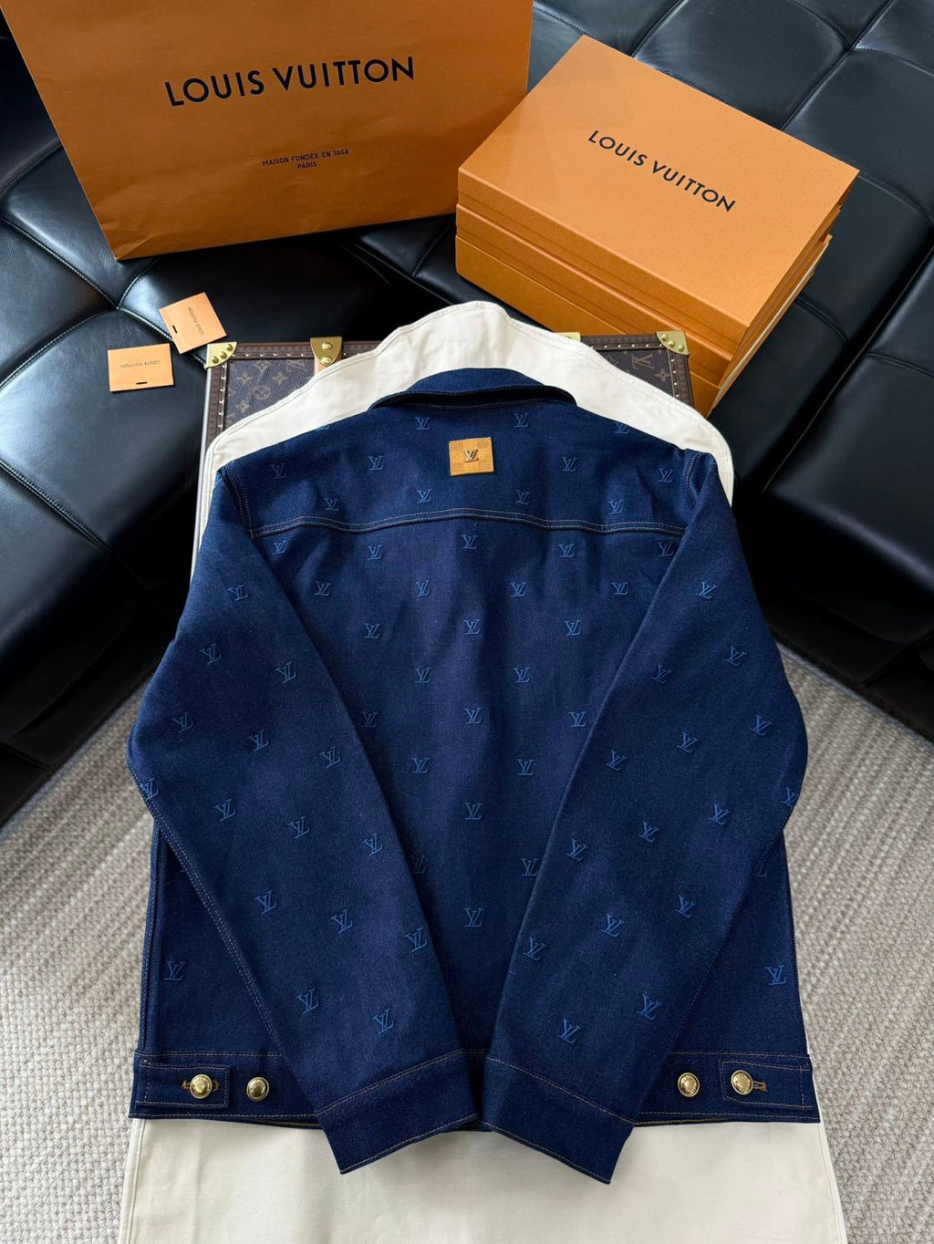 Louis Vuitton Men's Spring And Autumn Logo Embroidery Color Line Single Breasted Denim Long Sleeved Jacket Jeans Pants Set Suit #74128