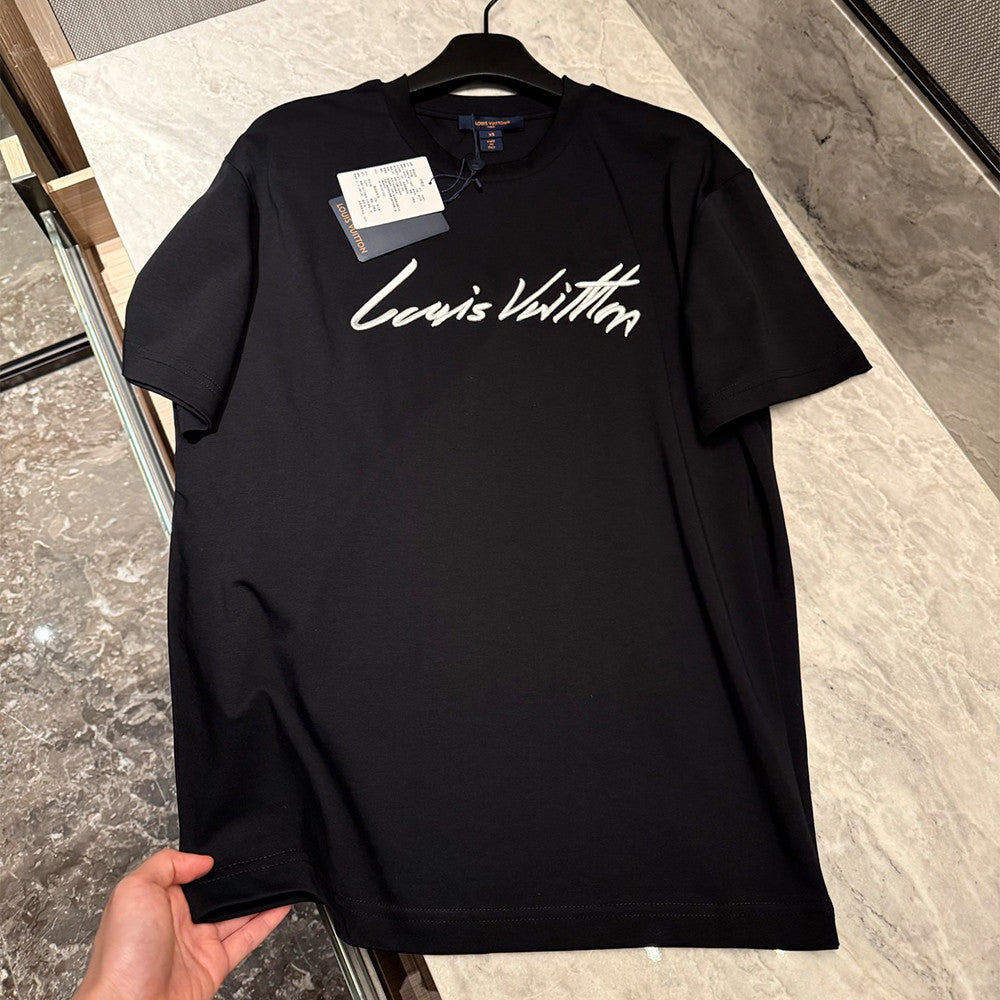LOUIS VUITTON Women's and Men's Handwritten Logo T-shirt Simple Basic Style Embroidered letters ##332341