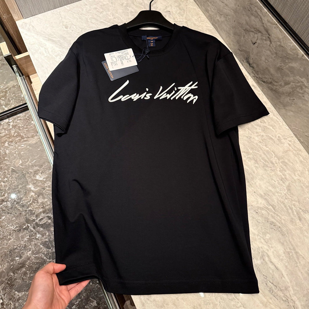 LOUIS VUITTON Women's and Men's Handwritten Logo T-shirt Simple Basic Style Embroidered letters ##332341