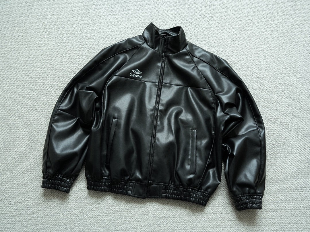 Supreme Men's And Women's  Spring/fall Fashion Casual Solid Color High Neck Zipper Front Embroidered Logo Leather Jacket #79518