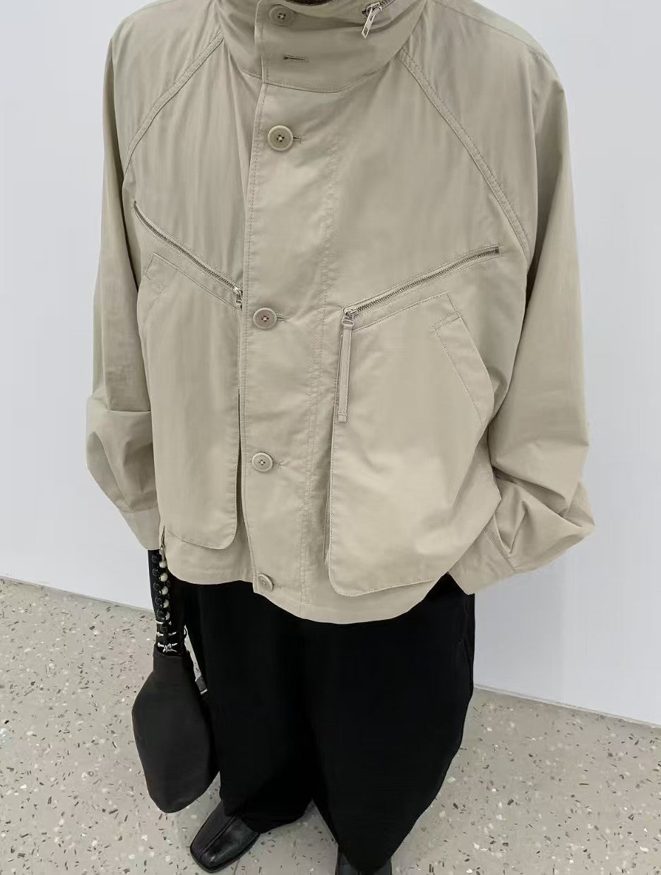 Lemaire Men's Spring/Fall Parachute Jacket Solid Color High-Neck Cotton Zipper Jacket with Zippered Pockets Ngvp #2378