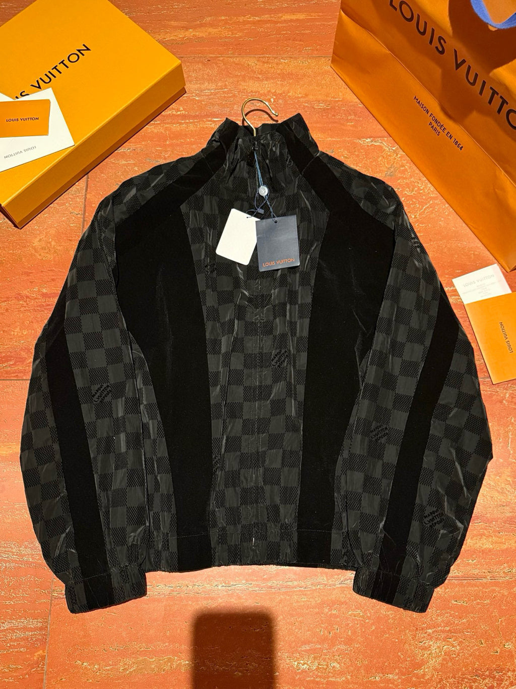 Louis Vuitton Men's Spring/summer Flocked Tech Jacket Tessellated Marque L.vuitton Déposée Logo Velvet Zipper Patchwork Jacket #81398