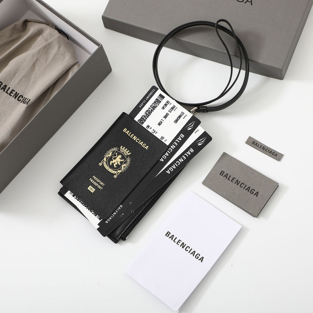 Balenciaga Spring New Product: Passport Aircraft Phone Lanyard Bag Silver And Black Glossy Leather Passport Bag Airline Ticket Wallet Bags #195348