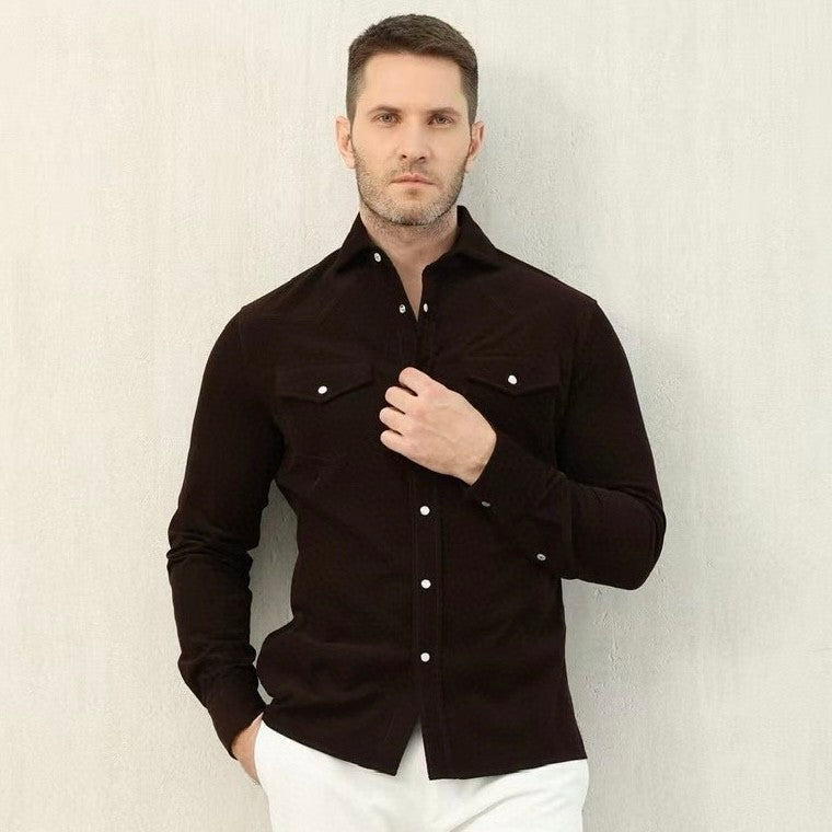 Brunello Cucinelli Men's Spring And Fall Cotton Lapel Solid Color Single-Breasted Chest Pocket Long Sleeve Fitted Shirt Ngvp #1557