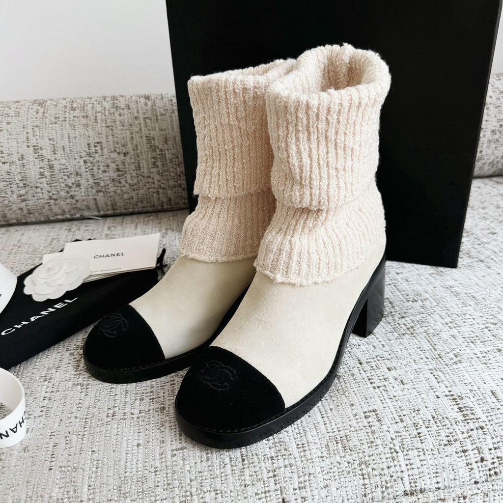 Chanel Women's Fall/winter Fashion Casual Round Toe Slip On Leather Cashmere Loop Cuff Mid Calf Boots Shoes #78536
